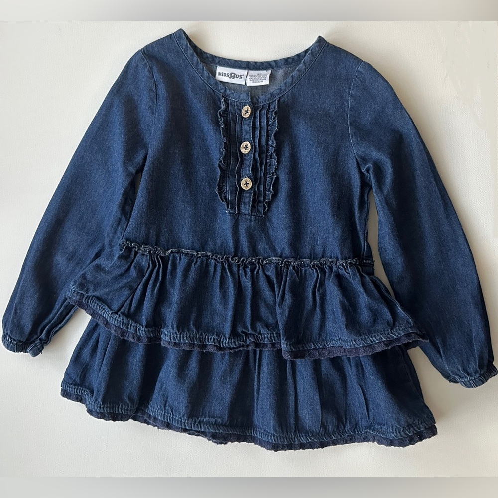 KidsRUs girl’s denim blue dress with Ruffled Tiers and Long Sleeves.  Size 3T.
